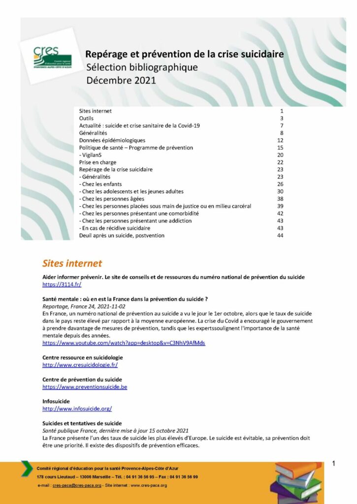 Bibliographie repérage et prévention de la crise suicidaire